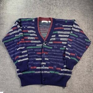 Entourage Vintage Knit Cardigan Mens XL Navy Blue Abstract Geometric 90s Sweater